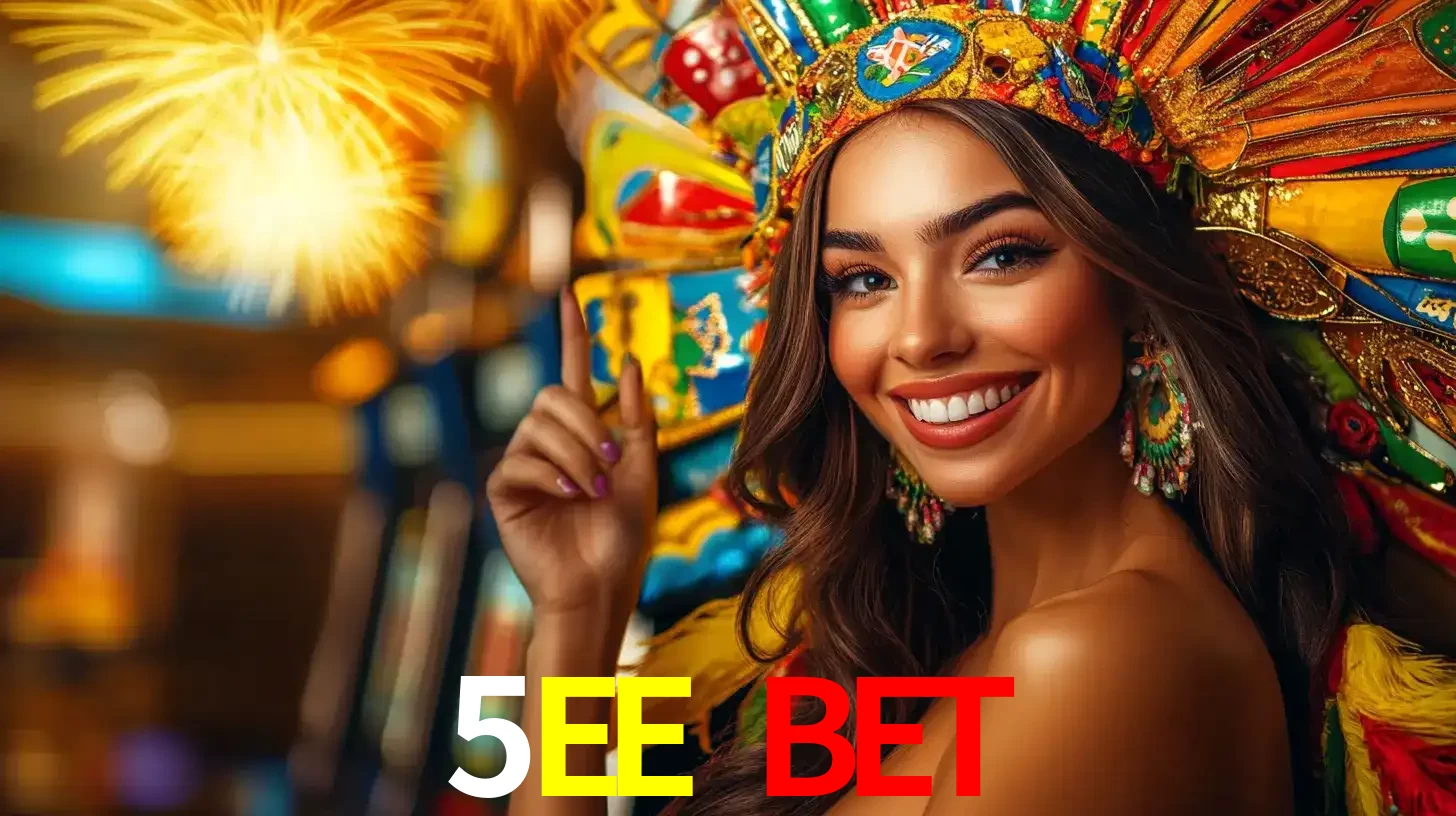 Mulher sorridente com um cocar de carnaval vibrante e colorido, celebrando uma grande vitória nos jogos do cassino 5EE BET com fogos de artifício ao fundo.