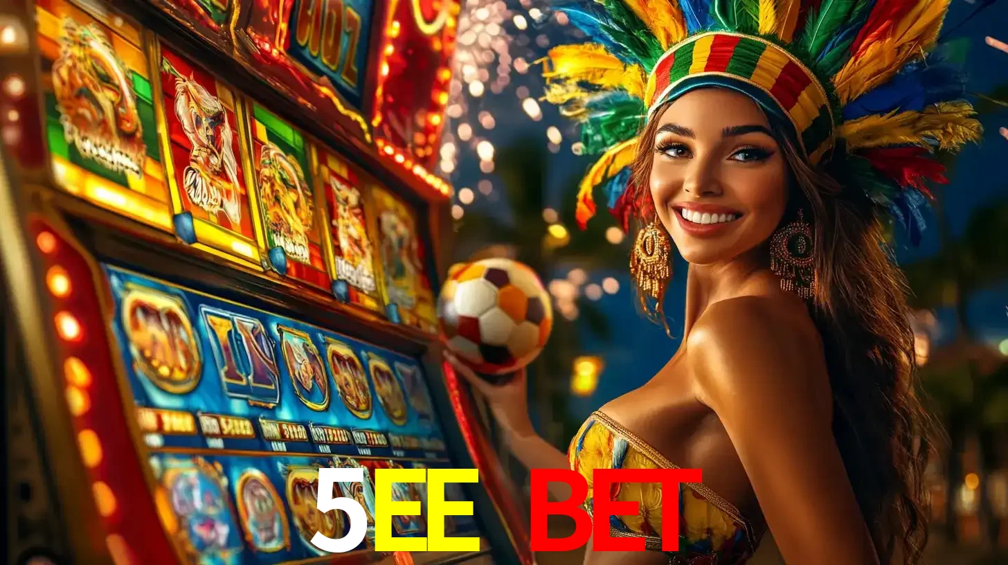 Mulher com um cocar de carnaval ao lado de uma máquina de caça-níqueis enquanto segura uma bola de futebol, mostrando a união da diversão de cassino e esportes no 5EE BET.
