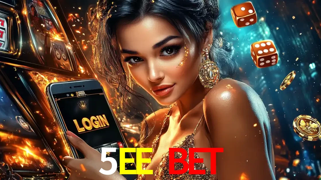 Mulher glamourosa segurando um celular com a tela de login do cassino 5EE BET, rodeada por dados e moedas douradas, pronta para começar a diversão.
