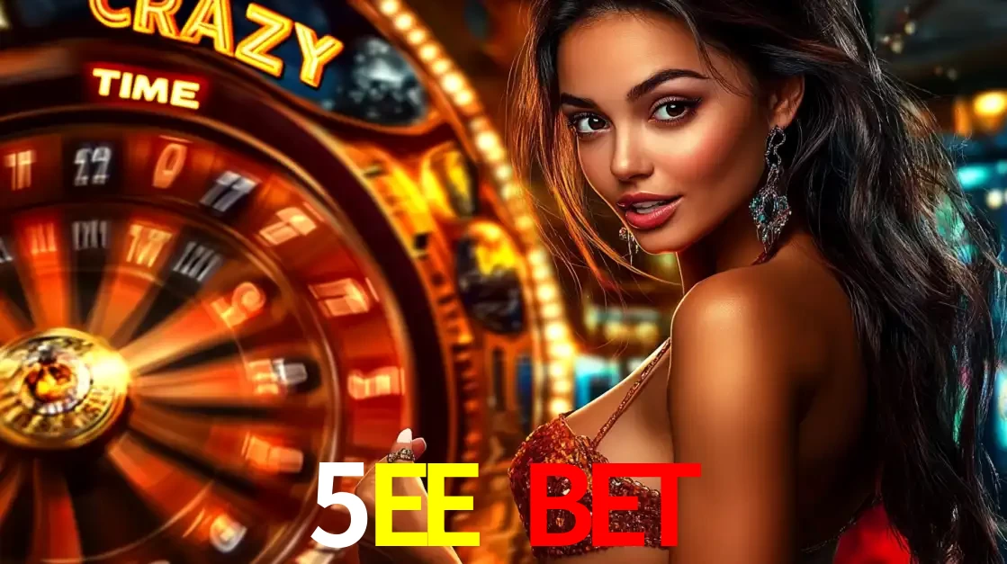 Mulher ao lado da roda de prêmios do jogo de cassino ao vivo Crazy Time, um dos shows de jogos mais emocionantes oferecidos pela plataforma de apostas 5EE BET.
