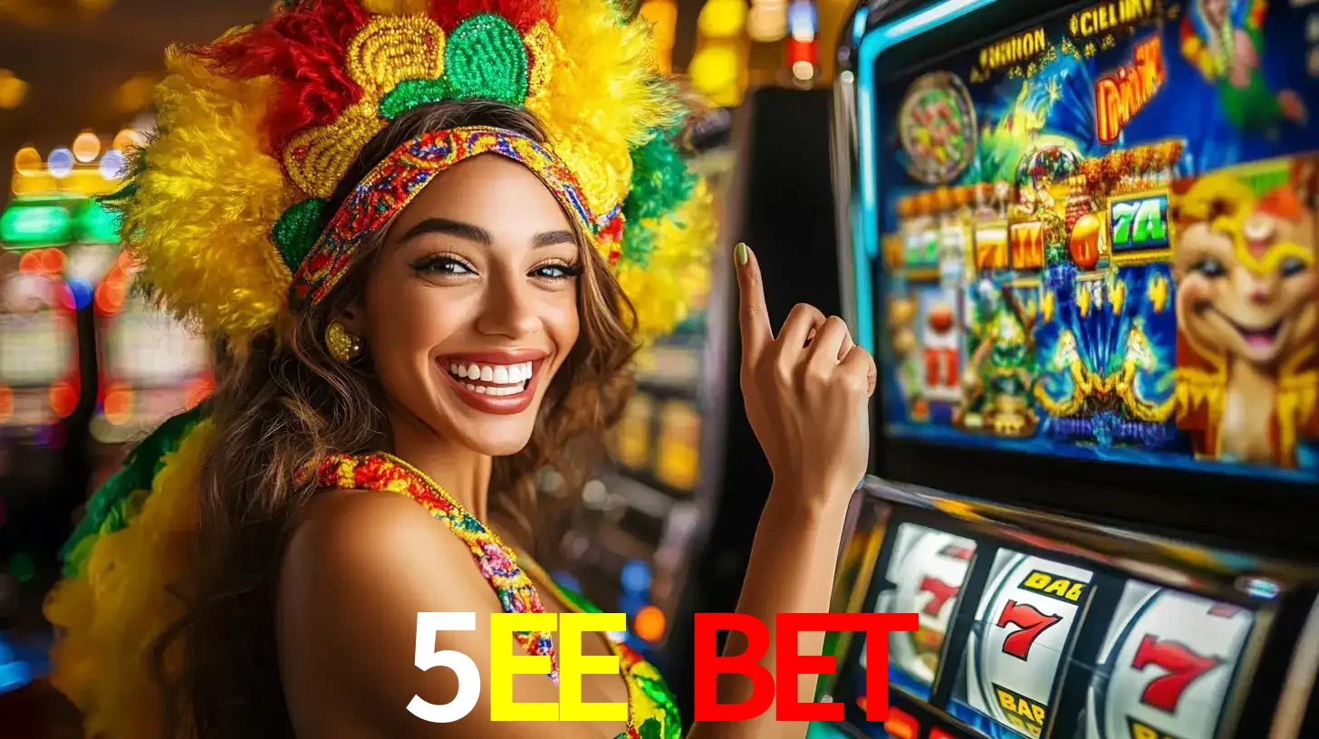 Mulher animada com um cocar de carnaval apontando para uma máquina de caça-níqueis, mostrando a emoção de ganhar um grande prêmio nos jogos do 5EE BET.
