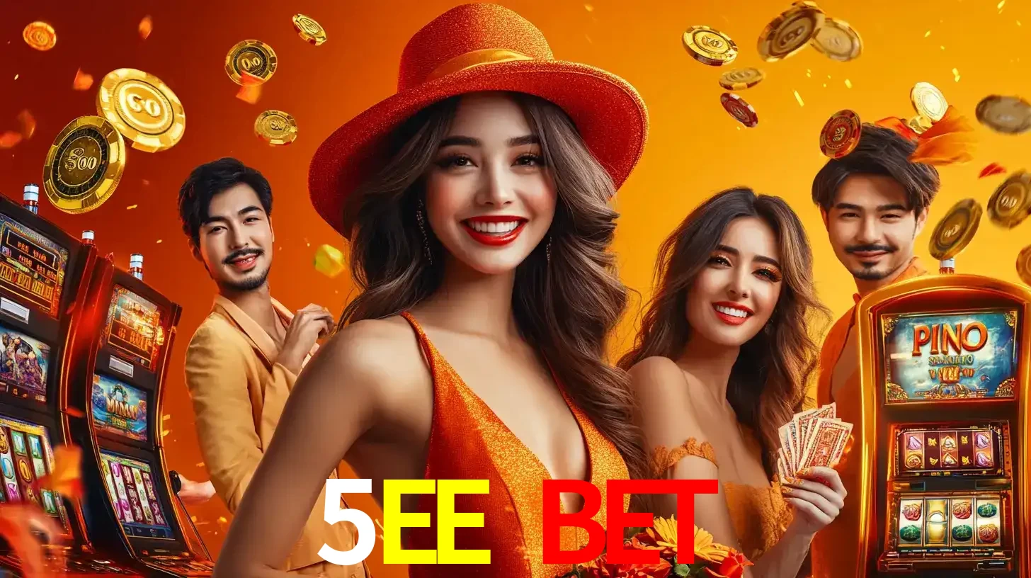 Grupo de amigos asiáticos sorrindo e se divertindo com máquinas de caça-níqueis em um ambiente festivo, celebrando suas vitórias nos jogos de cassino do 5EE BET.