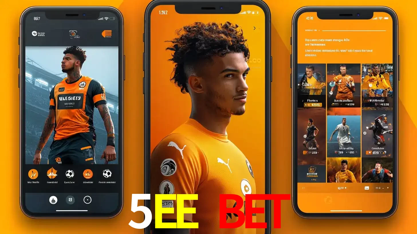 Interface do aplicativo de apostas esportivas 5EE BET em três telas de celular, mostrando o perfil de um jogador de futebol e a lista de jogos disponíveis para apostar.