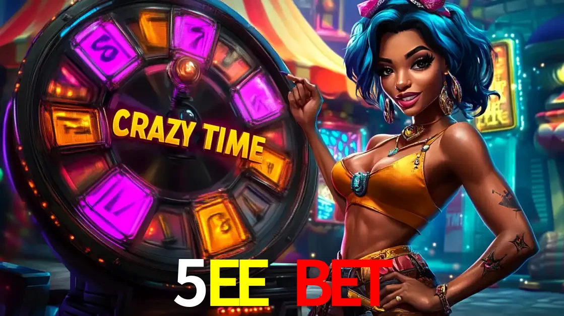 Mulher estilizada com cabelo azul e visual vibrante posando ao lado da roda de prêmios do game show Crazy Time, convidando para a diversão e os bônus do cassino 5EE BET.