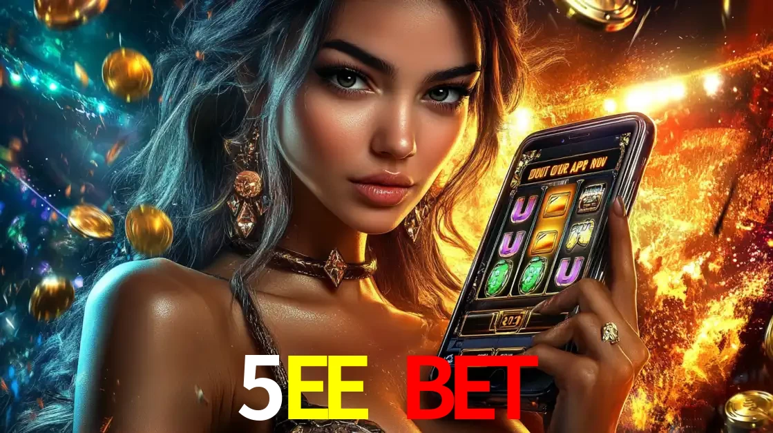 Mulher elegante mostrando um jogo de caça-níqueis em seu smartphone, destacando a experiência de cassino móvel oferecida pelo aplicativo 5EE BET.