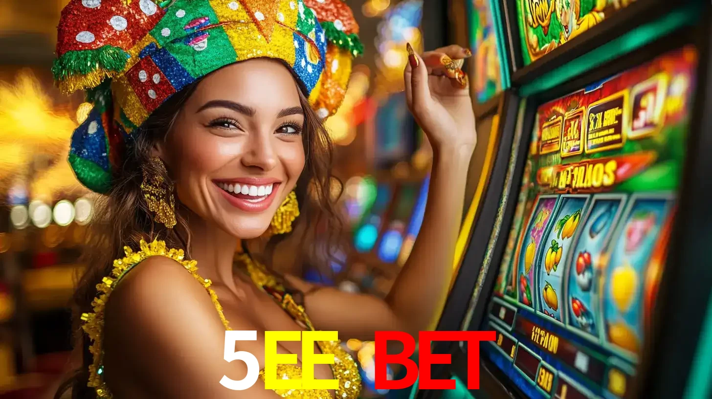 Mulher feliz com traje de carnaval amarelo e colorido ao lado de uma máquina de caça-níqueis, aproveitando a diversão e os jogos temáticos do cassino 5EE BET.